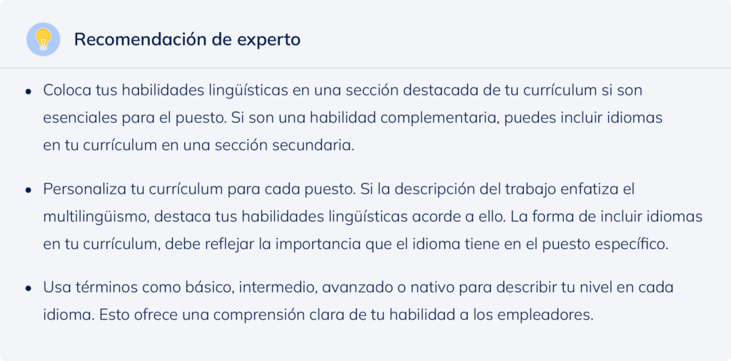 Recomendación de experto sobre incluir idiomas en tu currículum.