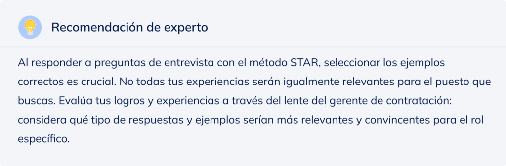 Recomendación de experto para seleccionar ejemplos correctos al responder a preguntas de entrevista con el método STAR.