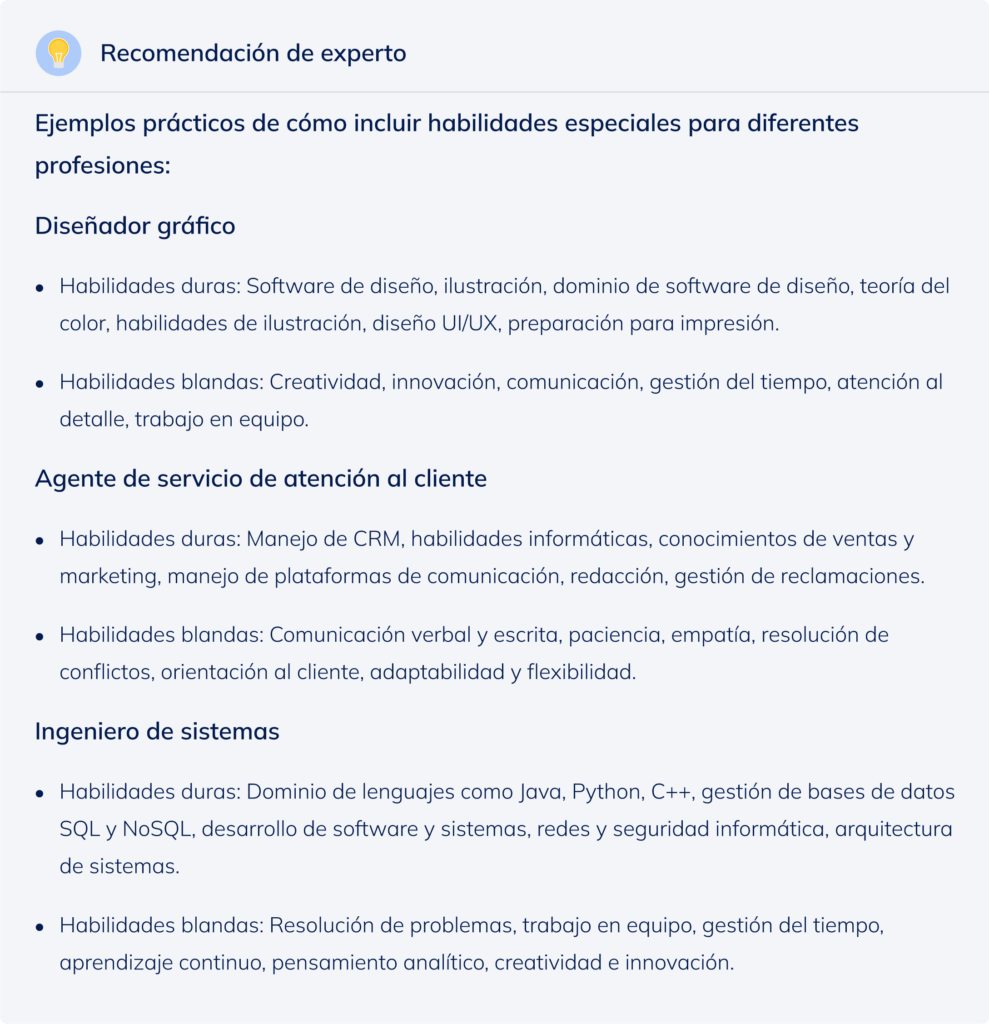 Recomendación de experto sobre ejemplos prácticos para incluir habilidades especiales para las diferentes profesiones.