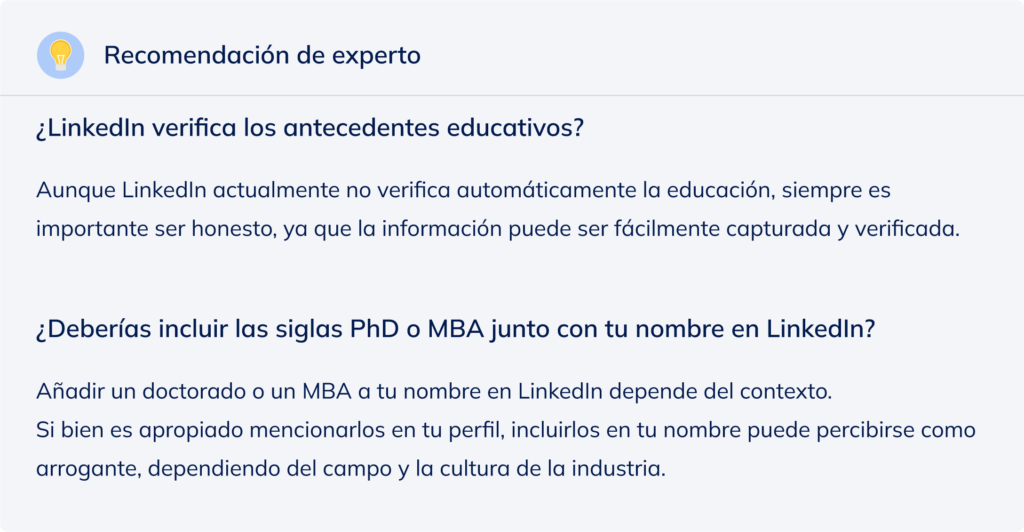Recomendación de experto sobre agregar tu educación en LinkedIn.
