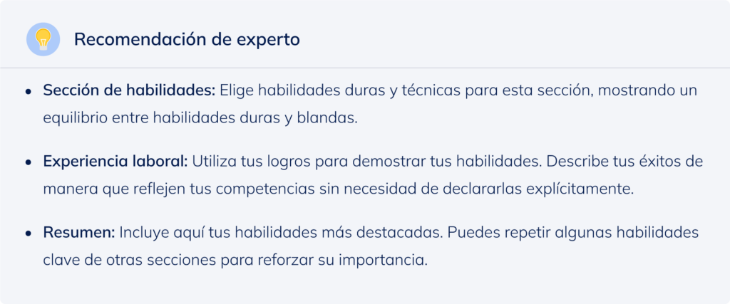 Recomendación de experto sobre estrategias para incluir habilidades especiales en el currículum.