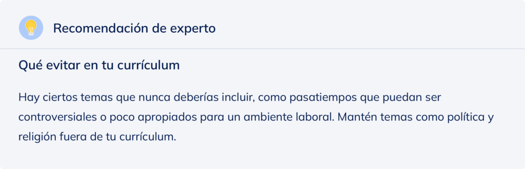 Recomendación de experto sobre qué se debe evitar incluir en el currículum.