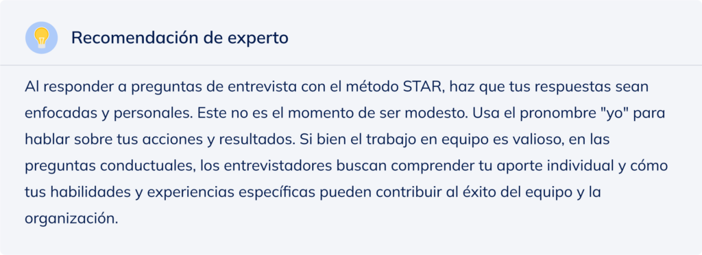 Recomendación de experto al responder a preguntas de entrevista con el método STAR.
