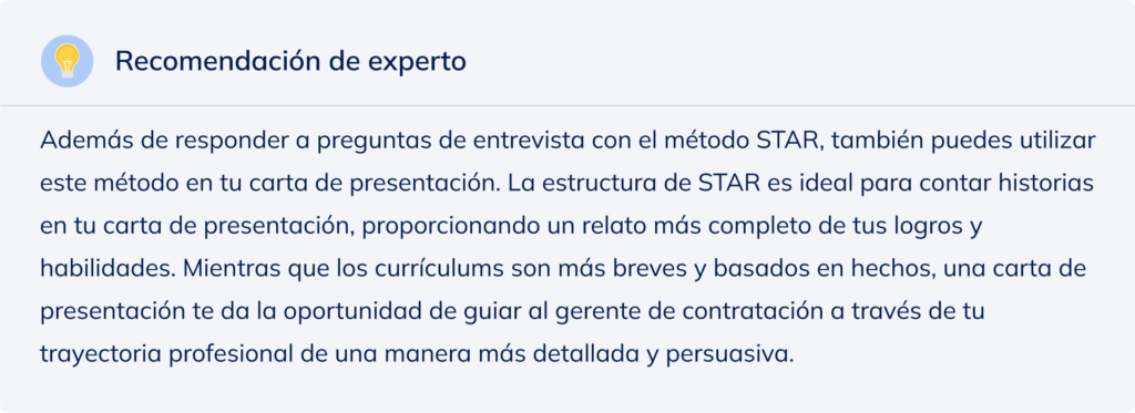 Recomendación de experto para utilizar el método STAR en cartas de presentación.