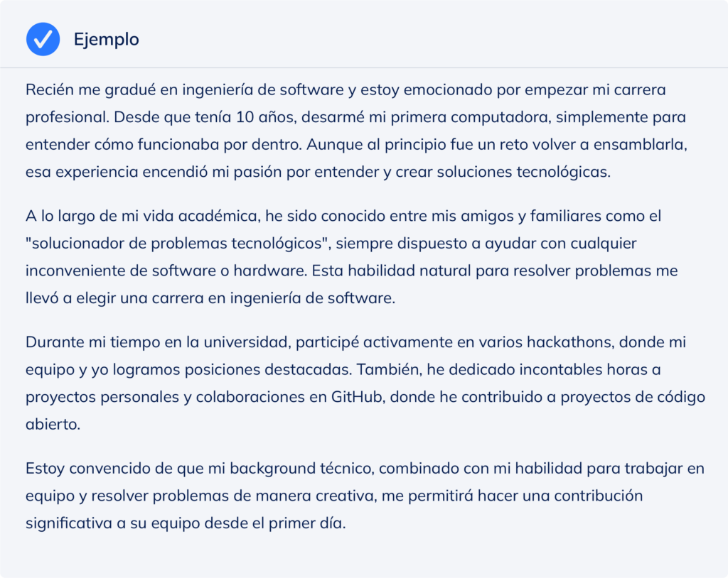 Ejemplo de cómo responder a la pregunta “háblame de ti” en una entrevista para un candidato sin experiencia.