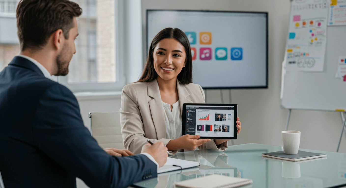 Esta imagen muestra a un reclutador entrevistando a un candidato para el cargo de community manager.