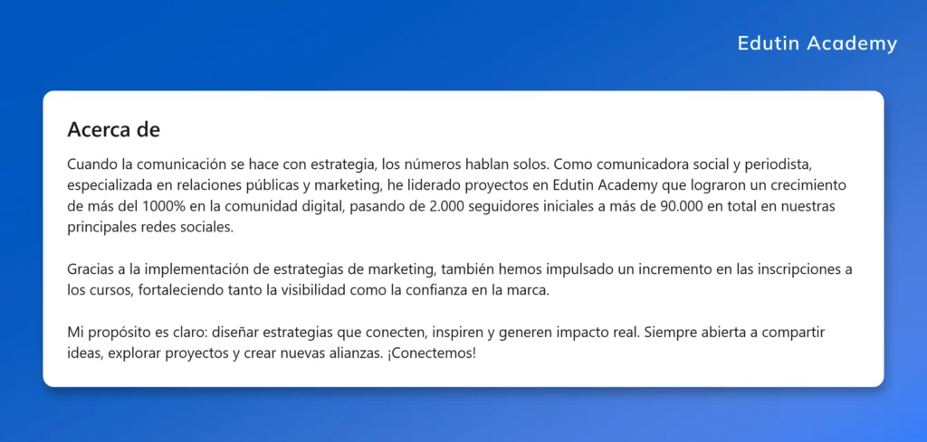 Ejemplo de sección Acerca de en un perfil de LinkedIn