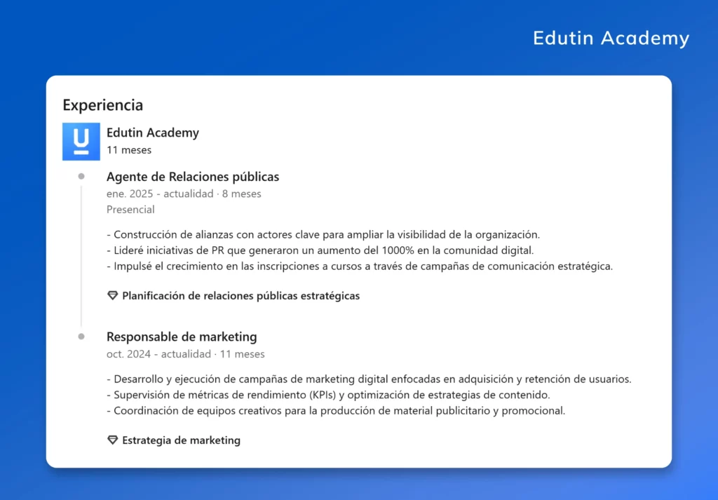 Ejemplo de sección Experiencia en un perfil de LinkedIn, mostrando cargos con logros destacados.